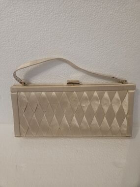Satin Diamond-Panel Evening Clutch in Light Champagne